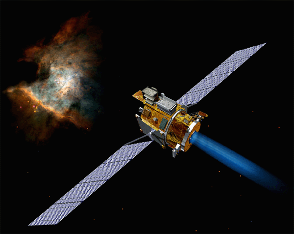 Artist's conception of spacecraft DS1 in flight.