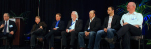 (from left) Moderator Bruce Pittman, Robert Richards, Dan Rasky, Chuck Lauer, Rick Tumlinson, William Pomerantz, Jeff Greason. (Photo: Michael McGuire)