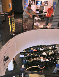 After the landers are completed, they are tested from the second floor of the Columbia Memorial Space Center. If the egg inside doesn't crack, the lander passes the test.