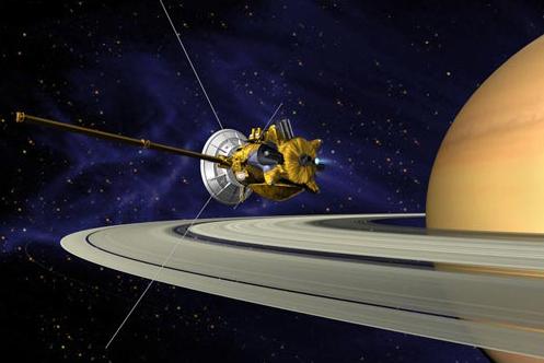 Cassini during the Saturn Orbit Insertion (SOI) maneuver. NASA/JPL artist's conception.